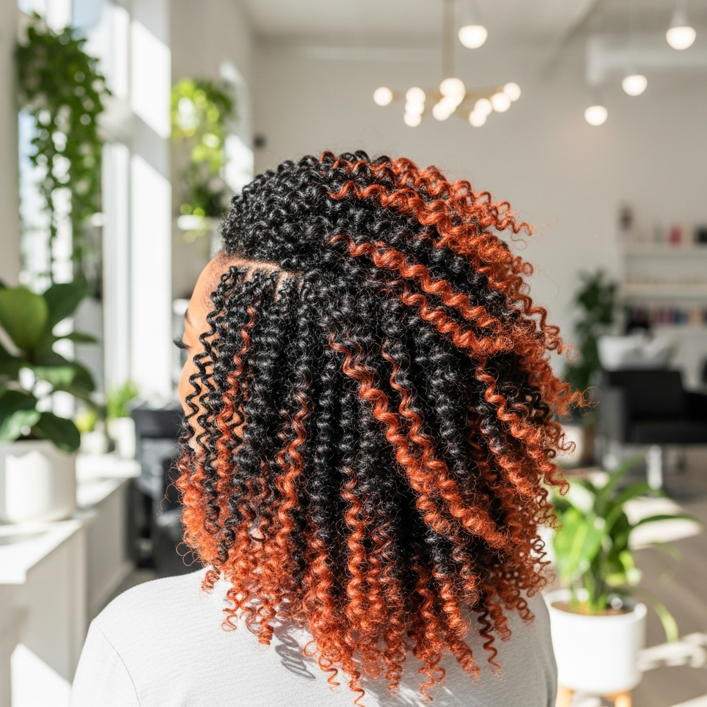 Glossy, healthy natural curls styled in a bright, sunlit salon